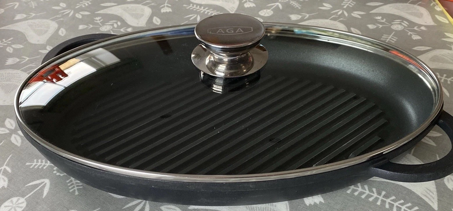 AGA/Berndes Oval Lidded Non Stick Griddle Pan & Glass Lid, 39cm. German Made VGC