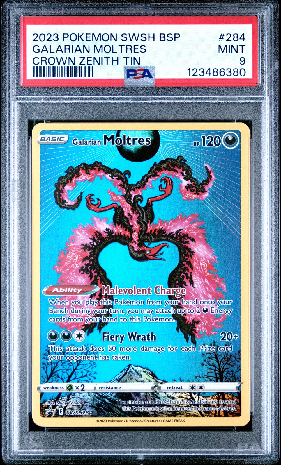 2023 POKEMON SWSH BLACK STAR PROMO CROWN ZENITH TIN #284 GALARIAN MOLTRES PSA 9