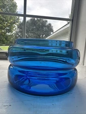 Colbalt Blue Hand Blown Bowl Multi-Tiered Art Glass Mid Century Modern 7” W 4”D