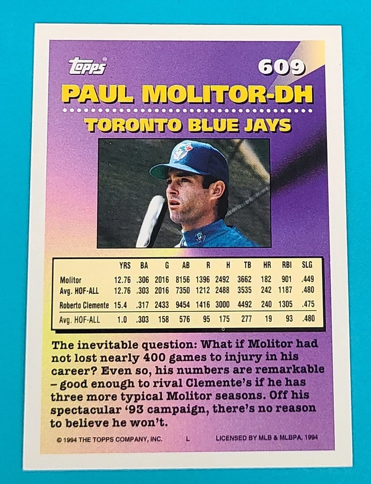 1994 Topps #609 Paul Molitor Toronto Blue Jays BASEBALL Card M6 - Image 2 of 2