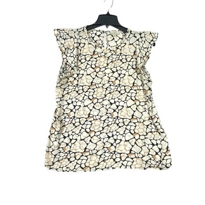 LOFT Stone Print Blouse Women's M Cream Black Abstract Short Flutter Sleeve