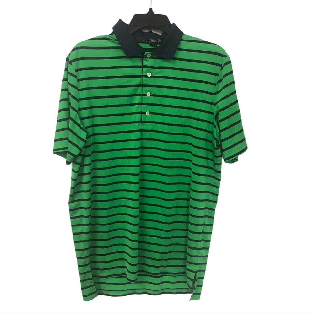 RLX Ralph Lauren Men Green Navy Stripe Golf Polo Shirt Size M Polyester