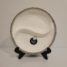 Pampa Bay Salerno Collection Porcelain 2 Section White Bowl W/Silver Beaded Edge