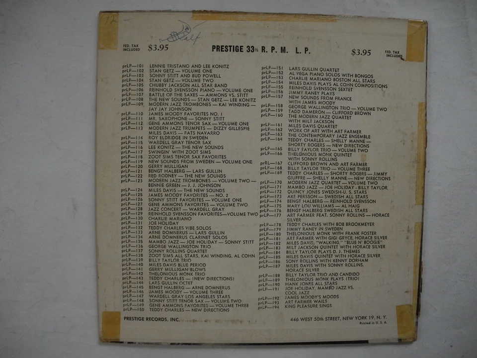 MILES DAVIS ALL STARS SEXTET 10" LP 1954 US Prestige LP 182 RVG VG(+)/VG+ - Image 2 of 4