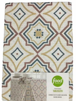 Food Network Teal Rust & Gold Geometric Tablecloth, Fabric Table Cloth 70'' Round