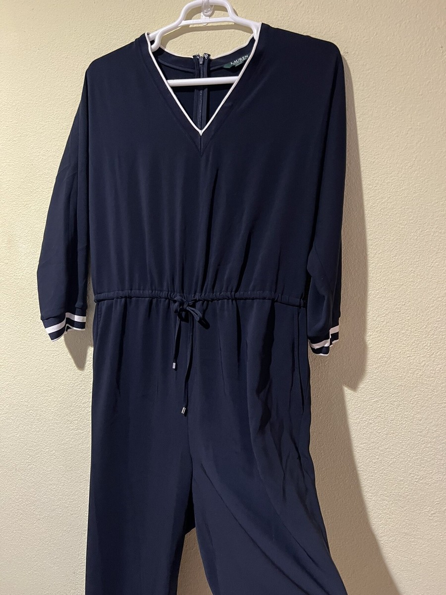 ◆Louren◆vneck wide combinaison Ralph Lauren Womens Wide Leg Jumpsuit Sz 16 Navy 3/4 Sleeves