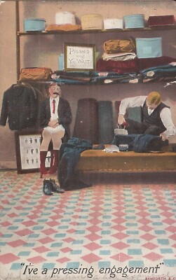 COMIC - A Pressing Engagement - Man in Underwear Getting Pants Pressed - 1910