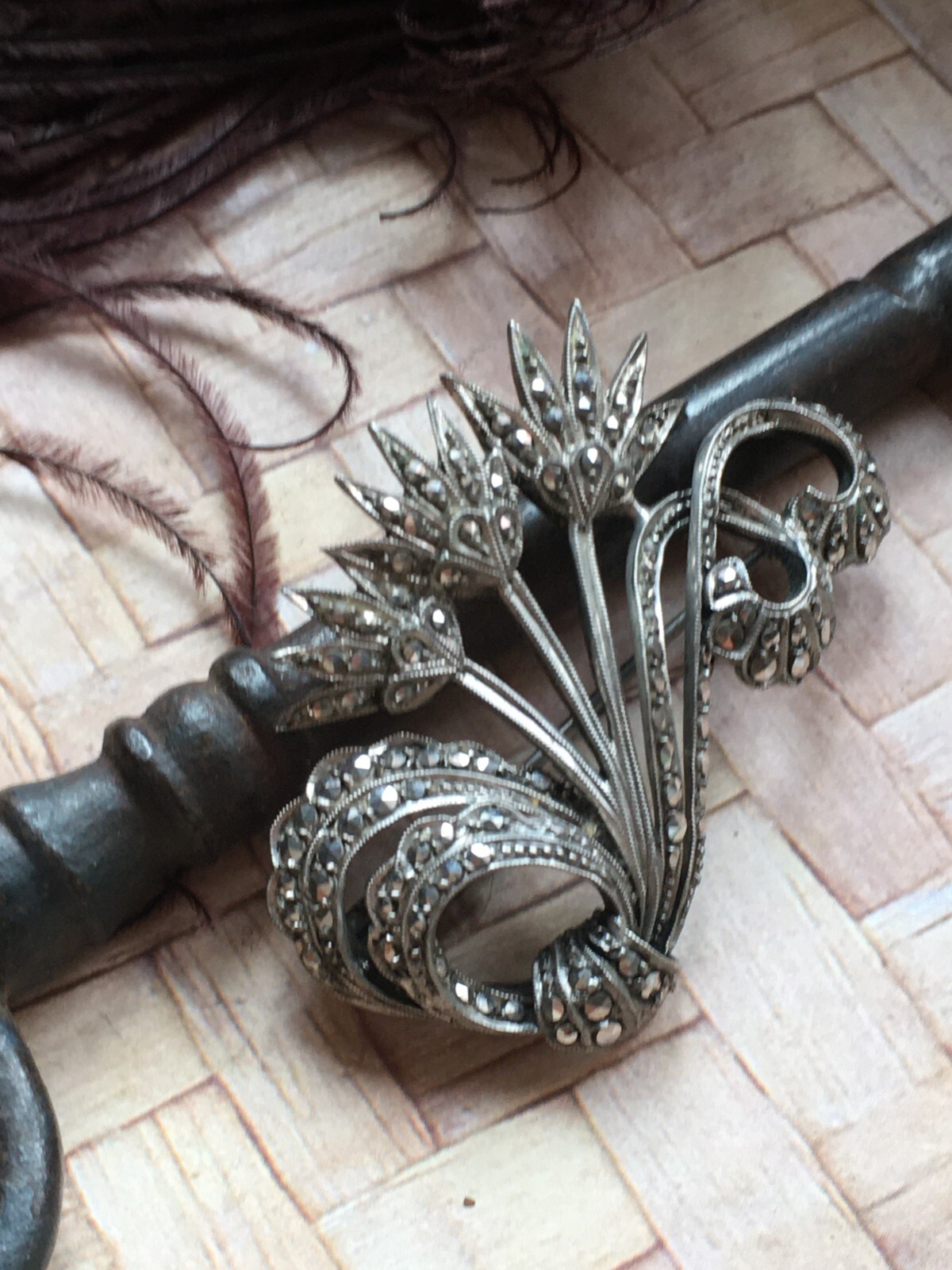 Antique Fine Solid Silver 835 & Marcassites Flowe… - image 1