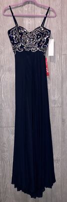 DAVE & JOHNNY Layered Rhinestone Bodice Navy Blue Long Prom Formal Dress 1 / 2