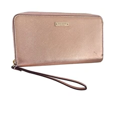 Kate Spade Neda Wristlet Wallet Zip Around Metallic Rose Gold Clutch 8x4" EUC