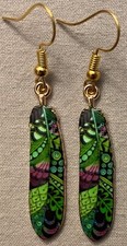 DECORATED FEATHER EARRINGS, Green - Enamel with Gold Plated Ear Wires BIRD WING