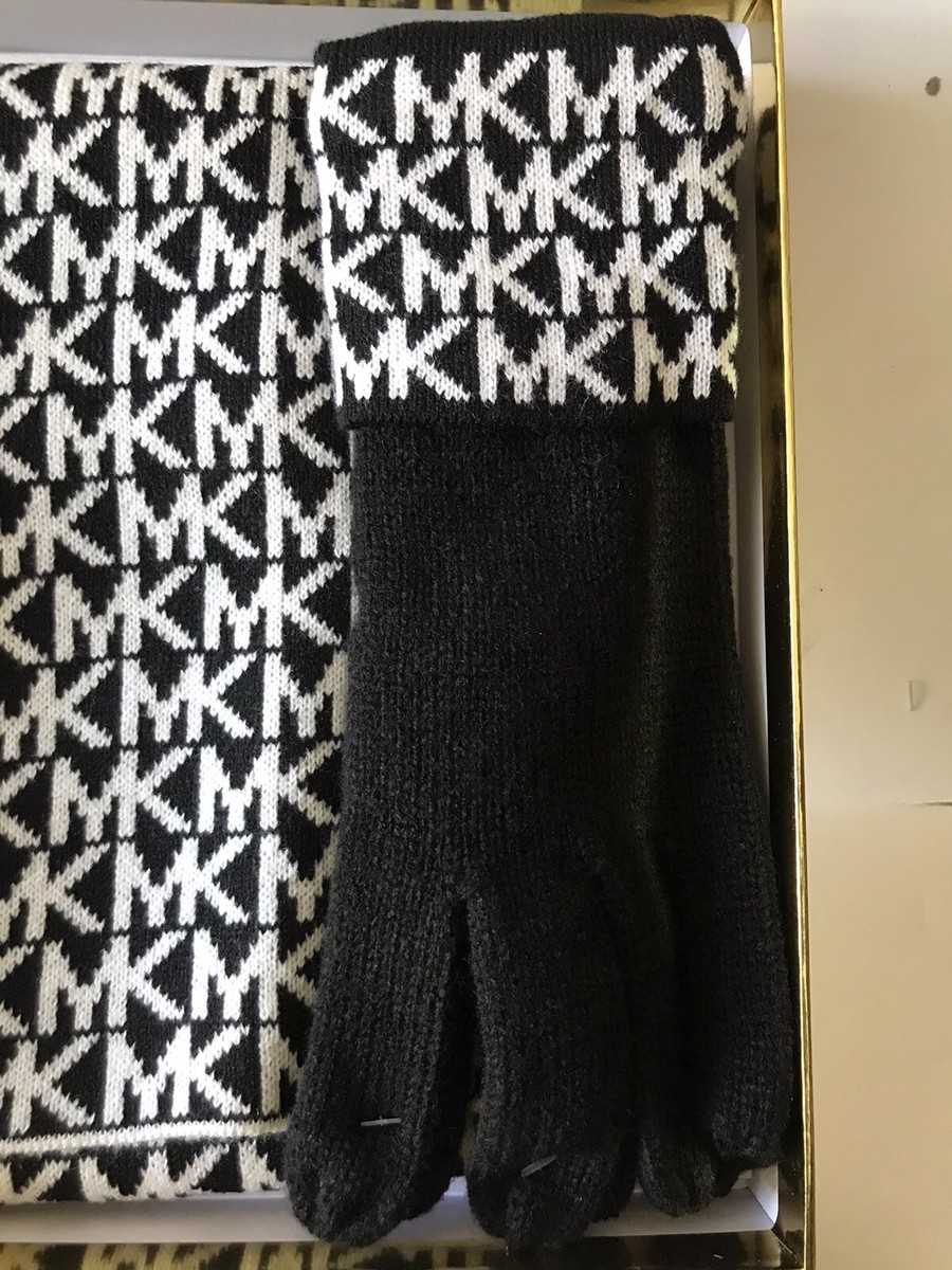 MICHAEL KORS BLACK/CREAM 3 PIECE SCARF/ HAT AND GLOVES REPEAT LOGO