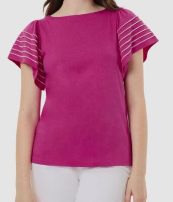 Jones New York Womens Purple Cotton Modal Boat-Neck Flutter-Sleeve Top Size S