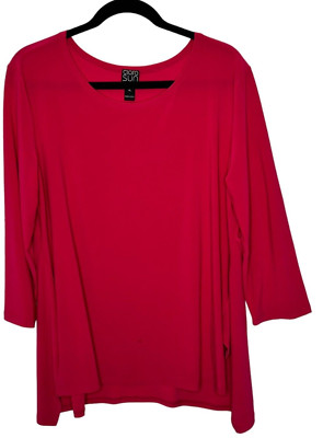 Clara Sun Woo Tunic Blouse XL Red Hot Pink Womens 3/4 Sleeve Scoop Neck Pullover