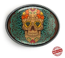 Ornate Muertos Mexican Day of the Dead Skull Handmade Artisan Belt Buckle