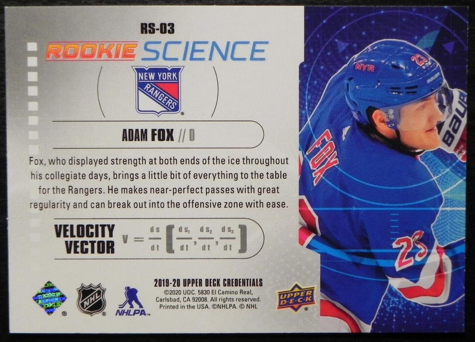 2019-20 19/20 Upper Deck Credentials Rookie Science RS-03 Adam Fox NY Rangers - Image 2 of 2