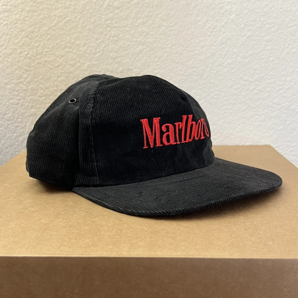Vintage Marlboro Black Corduroy 90’s Velvet Cap Hat Snapback Cap Rare Colorway