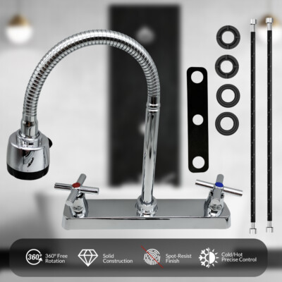 360 Swivel Chrome Brass Kitchen 2 Handles Stainless Steel Stream Spout Kitchen Sink Tap Hot & Cold Water Mixer Tap, Stainless - View #12