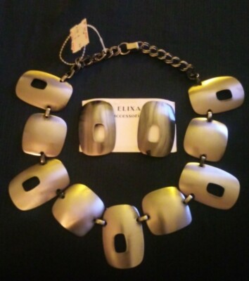 NWT BRUSHED SILVERTONE STATEMENT NECKLACE& CLIPON EARRING SET ELIXA ACCESSORIES 