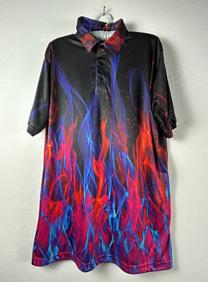 Play Loud Golf Men's 3D Flames Collared Polo Shirt Size XL Black Stretch Active