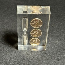 VTG Lucite Paperweight 1973 Lincoln Memorial Cents (3) With Hourglass Egg Timer