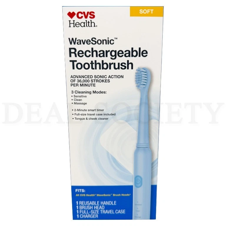 CVS Health WaveSonic аккумуляторная зубная щетка мягкий синий лот из 2 - Изображение 2 из 4