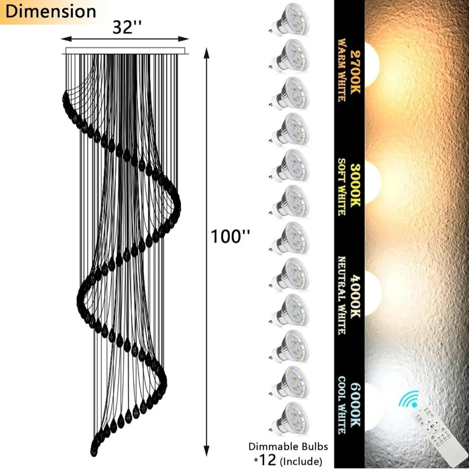 Lámpara de araña de cristal moderna D32'' x H100'' para vestíbulo, 12 luces LED, regulable, NUEVA Foto 2 de 4