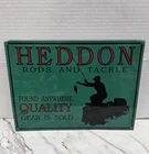 VINTAGE HEDDON RODS 11" X 8" SIGN METAL TIN FISHING LURE ADVERTISING  TACKER