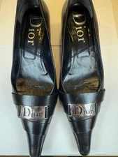 Christian Dior John Galliano y2k Black Leather Silver logo plate Pointed heels
