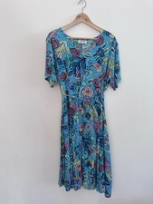 Orientique Midi Dress Size 16 Colourful Floral Waist Tie Short Sleeve V Neck