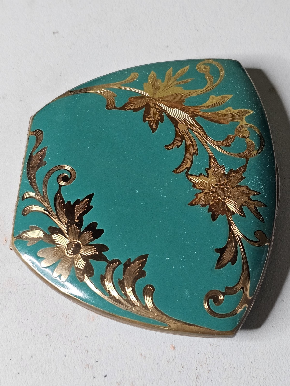 Vintage Elgin Powder Compact Turquoise Gold Floral w Mirror