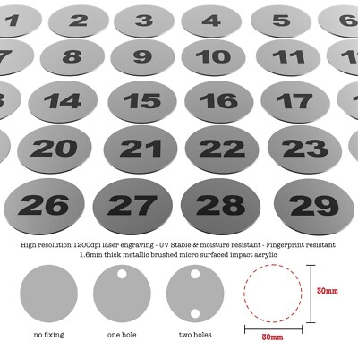 1-150 lasergravierte Zahlenscheiben silber 30 mm Tisch Kneipe Club Etiketten Spind