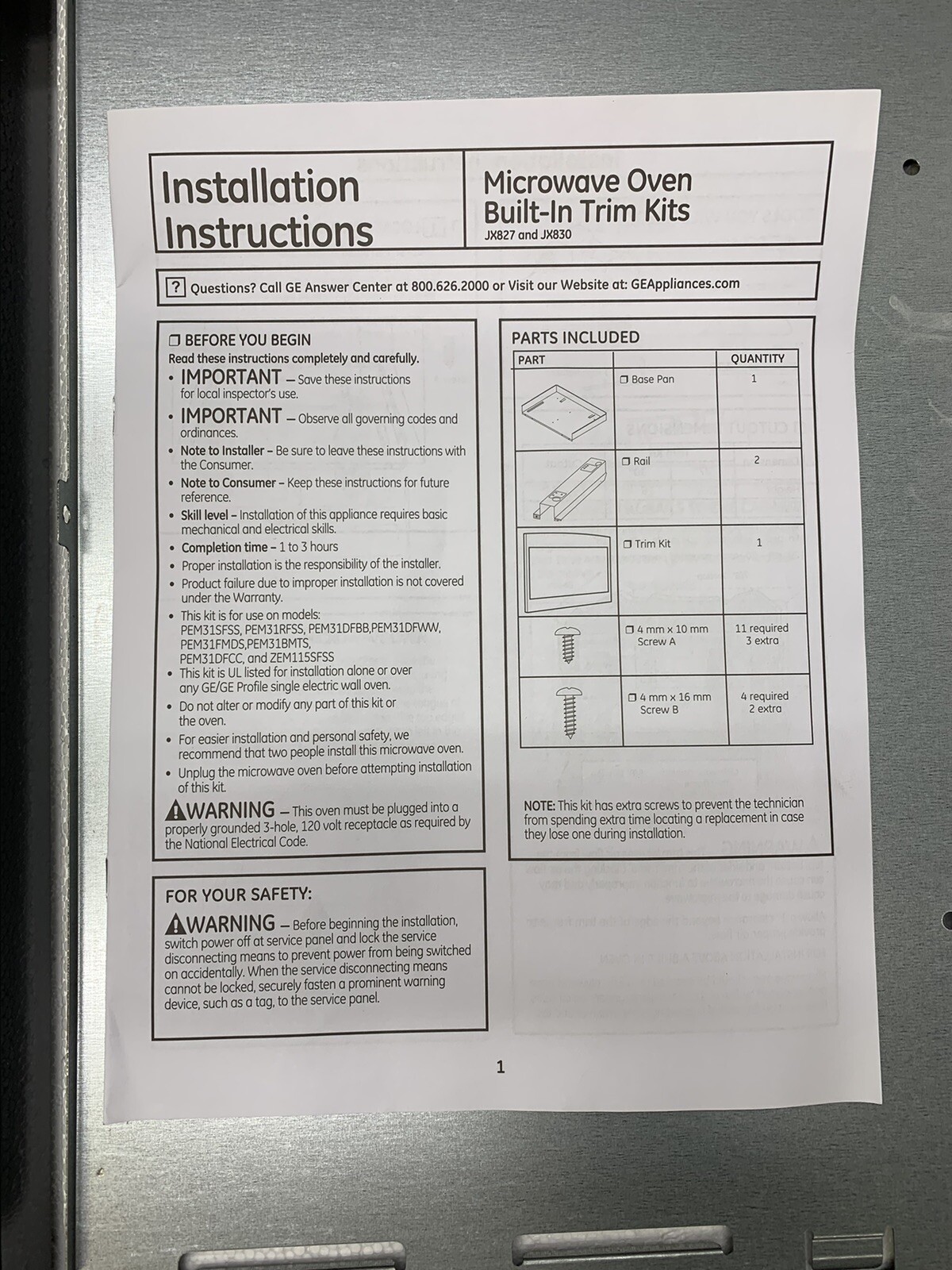 GE General Electric JX830SFSS 30" BuiltIn Trim Kit for Select GE