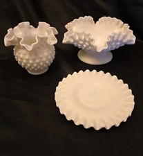 Lot of 3 Vintage Fenton White Milk Glass Hobnail  Vase plate and Bowls