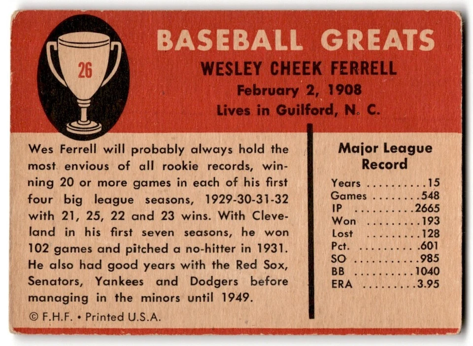 1961 Fleer Baseball Greats Wes Ferrell #26 CREASED Washington Senators - Image 2 of 2
