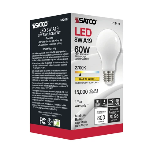 Satco S12419 LED Filament 120V 8.2W A19 Medium E26 Soft White 2700K Warm White - Picture 3 of 6