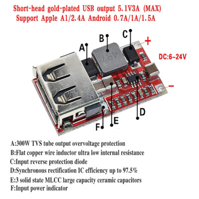 6-24V Input to 5V 3A Output USB Charger Module DC-DC Buck Step-Down Converter