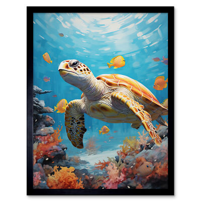 Loggerhead Sea Turtle in Coral Reef Bright Detailed Artwork Framed Art 12x16