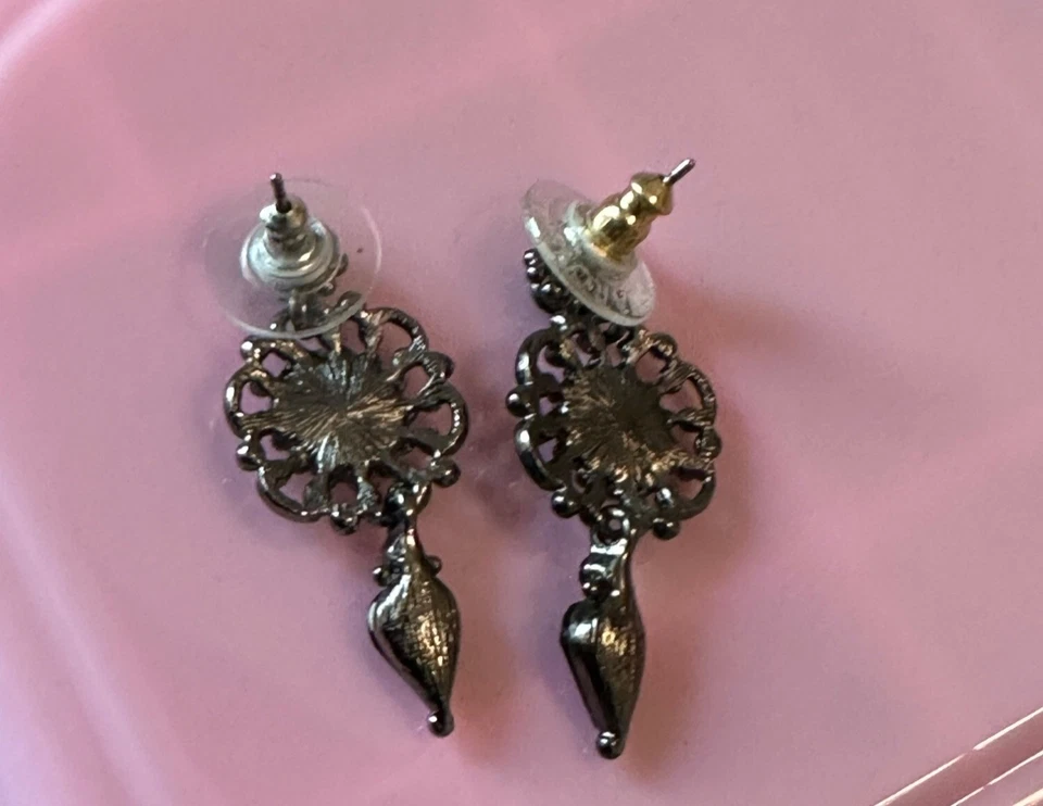 Swarovski Black Crystal Drop Earrings With Intricate SilverTone Filigree Design - Image 3 of 4