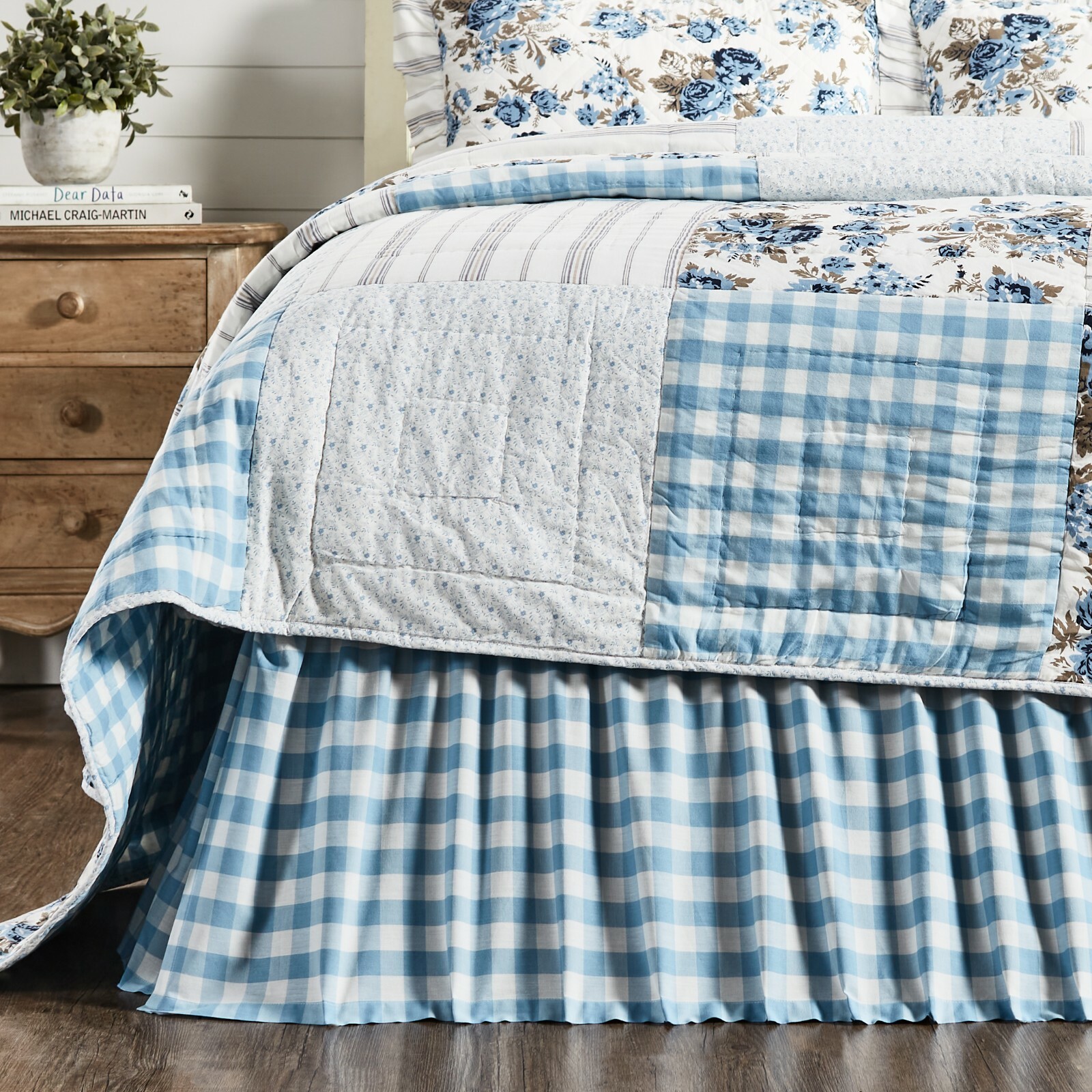 Blue Gingham Bed Skirt Country Farmhouse Buffalo Check Split Corners