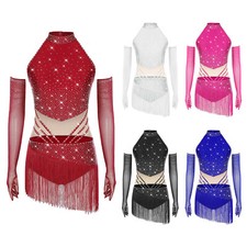 Womens Leotard Samba Bodysuits Tassel Dress Mesh Figure Skating Ballroom Gloves