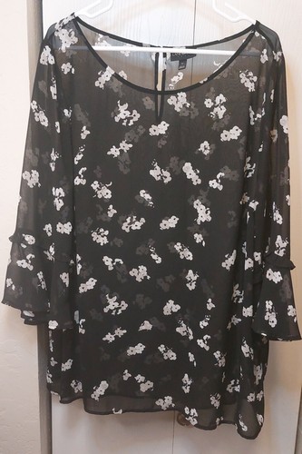 Lane Bryant Black Floral Sheer Size 22 Top Boho Flutter Sleeves Office Tunic - 第 4/14 張圖片
