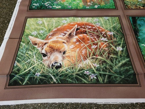 Endeering Panel 35x42 P&B Textile Deer Doe Fawn Flowers Woods Teal Green Blocks - Picture 4 of 5