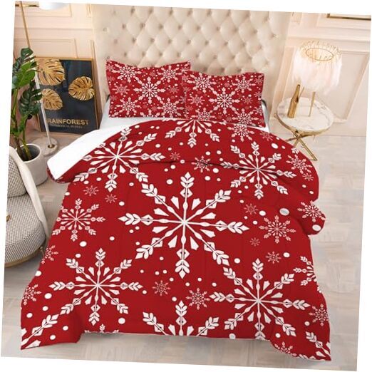 Christmas Comforter Set: Christmass Red Bedding Sets for Teen Queen Snowflake