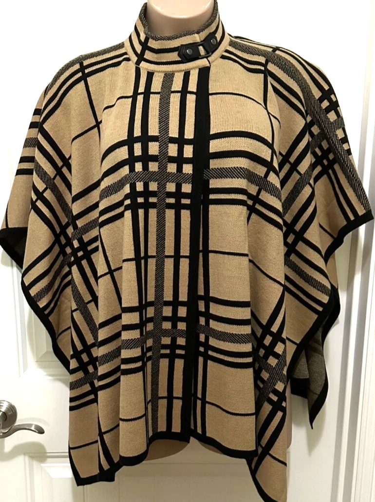 VETEMENTS Poncho giacca donna Chico's taglia unica marrone nero quadri fibbia a scatto colletto