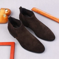 Occident Pull On Carved Wing Tip Mens Chelsea Ankle Boots Real Suede Leather New
