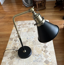 Adjustable Metal Desk Lamp Black Shade Brass Tone Arm Matte Finish Corded