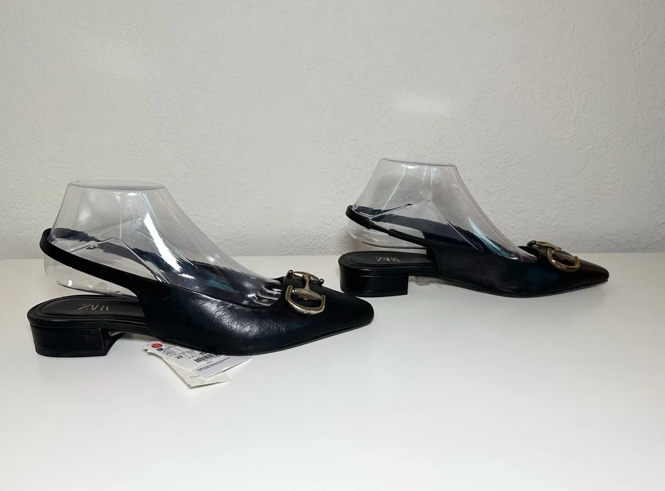 ZARA Cuero Negro Cordones Punta Punta Mules Hebilla Mujer Tacones EE. UU. 8 UE 39 NUEVO Foto 4 de 4