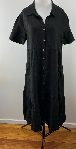 VERGE SIZE S AU 10 WOMENS BLACK LINEN MADRID MIDI SHIRT DRESS POCKETS BUTTON