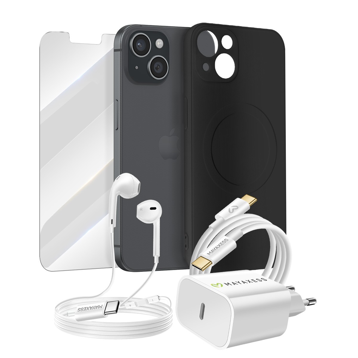 Pack iPhone 13 coque silicone transparente verre trempé et chargeur 20W